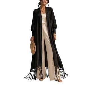 Missguided Black Boho Whimsigoth Puff Sleeve Tassel Witchy Duster Cardigan 8 NEW